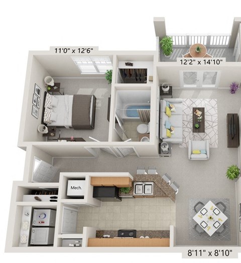 Floor plan for 1 bed, 1 bath, 789 sqft